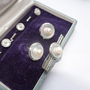 Art Deco Sterling Cultured Pearl Cufflinks Studs Tie Bar